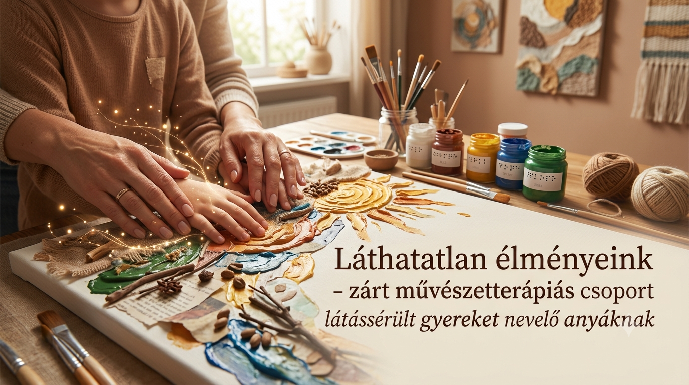 Láthatatlan élményeink csoport borítóképe: kézzel tapintható, textúrás festmény és Braille-feliratú festékek
